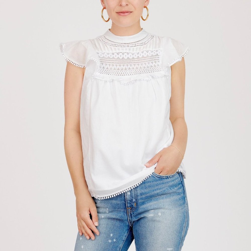 JCrew White Flutter-sleeve crocheted lace top XXS.